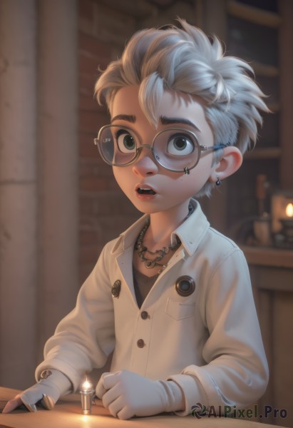 solo,looking at viewer,short hair,open mouth,shirt,gloves,long sleeves,1boy,jewelry,white shirt,upper body,white hair,grey hair,male focus,earrings,parted lips,glasses,teeth,collared shirt,artist name,indoors,white gloves,necklace,mole,blurry,black eyes,lips,grey eyes,buttons,blurry background,piercing,table,ear piercing,child,freckles,black-framed eyewear,round eyewear,stud earrings,candle,male child,1girl,blue eyes,aged down,androgynous,candlelight