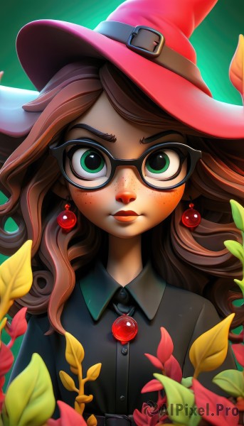 1girl,solo,long hair,looking at viewer,brown hair,shirt,hat,jewelry,closed mouth,green eyes,upper body,flower,earrings,glasses,collared shirt,belt,lips,black shirt,makeup,witch hat,buttons,leaf,watermark,plant,wing collar,buckle,freckles,green background,black-framed eyewear,belt buckle,round eyewear,witch,red hair,artist name,red headwear,web address,nose