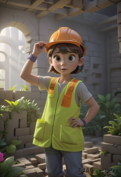 1girl,solo,looking at viewer,smile,short hair,brown hair,shirt,hat,brown eyes,jewelry,closed mouth,standing,white shirt,short sleeves,earrings,outdoors,pants,indoors,vest,lips,hand on hip,leaf,plant,wristband,child,adjusting clothes,hand on headwear,female child,potted plant,adjusting headwear,1boy,flower,male focus,parted lips,arm up,bracelet,sunlight,stairs,green shirt,overalls,male child