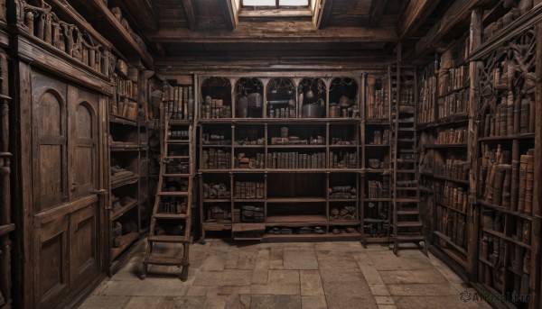 monochrome,indoors,book,no humans,window,chair,sunlight,bottle,box,scenery,stairs,door,bookshelf,tiles,tile floor,shelf,library,shop,ladder,table,railing