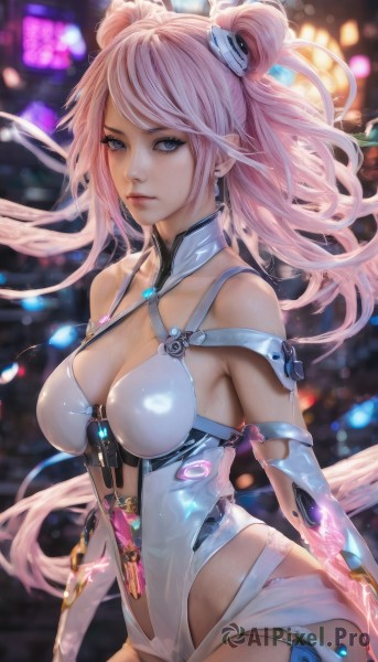 1girl,solo,long hair,breasts,looking at viewer,bangs,blue eyes,large breasts,hair ornament,gloves,navel,cleavage,bare shoulders,twintails,jewelry,medium breasts,very long hair,pink hair,cowboy shot,earrings,elbow gloves,hair bun,blurry,leotard,lips,clothing cutout,double bun,floating hair,blurry background,revealing clothes,science fiction,white leotard,closed mouth,artist name,signature,mole,eyelashes,expressionless,mole on breast,realistic,nose