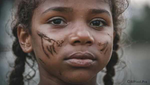 1girl,solo,looking at viewer,blue eyes,brown hair,black hair,braid,parted lips,teeth,blurry,black eyes,twin braids,lips,blurry background,portrait,close-up,freckles,realistic,female child,long hair,sweat,eyelashes,nose,dirty