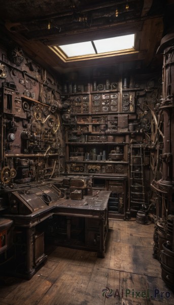 indoors,no humans,window,chair,table,sunlight,scenery,wooden floor,stairs,clock,lamp,cable,shelf,gears,industrial pipe,steampunk,book,desk,still life,cabinet