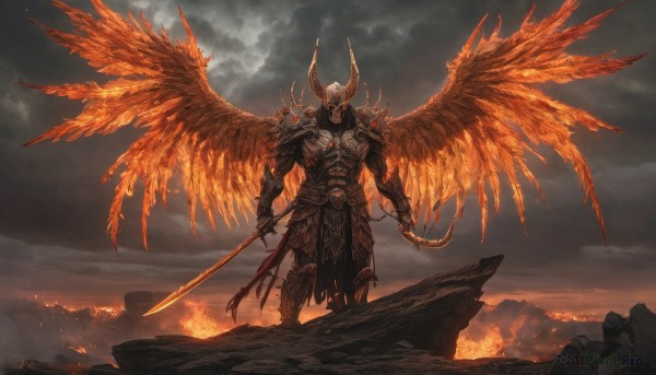 solo,1boy,holding,standing,weapon,male focus,outdoors,wings,horns,sky,sword,cloud,holding weapon,armor,glowing,holding sword,helmet,cloudy sky,fire,demon horns,shoulder armor,gauntlets,glowing eyes,spikes,dual wielding,pauldrons,skull,breastplate,fantasy,demon,multiple wings,spread wings,molten rock,flaming weapon,red eyes,tail,mask,scenery,feathered wings,greaves,full armor