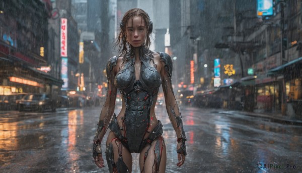 1girl, solo, breasts, looking at viewer, brown hair, gloves, medium breasts, standing, outdoors, fingerless gloves, lips, wet, bodysuit, night, building, science fiction, rain, city, realistic, cyborg, cyberpunk