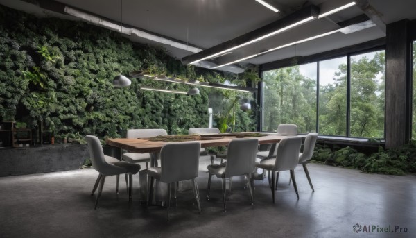 outdoors,sky,day,indoors,tree,no humans,window,shadow,chair,table,plant,nature,scenery,forest,bush,restaurant,ceiling light,cloud,desk,rain,lamp,ceiling