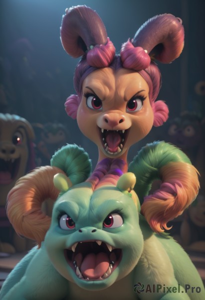 1girl,looking at viewer,smile,open mouth,red eyes,pink hair,horns,teeth,tongue,blurry,v-shaped eyebrows,no humans,blurry background,fangs,stuffed toy,stuffed animal,sharp teeth,hair rings,realistic,multiple heads,pink eyes,pokemon (creature),leaf,sheep horns,pink skin,monkey