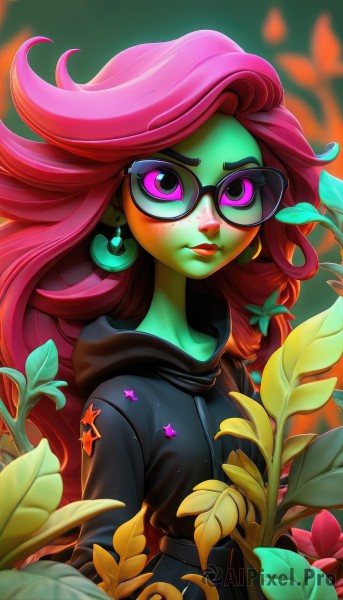 1girl,solo,long hair,looking at viewer,jewelry,purple eyes,upper body,pink hair,flower,red hair,earrings,glasses,belt,artist name,hood,pink eyes,star (symbol),blurry,lips,eyelashes,hoodie,makeup,colored skin,leaf,watermark,hood down,bug,plant,lipstick,web address,eyeshadow,freckles,black-framed eyewear,nose,round eyewear,green skin,black hoodie,pink skin,hair ornament,sunglasses