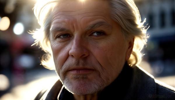 HQ,solo,looking at viewer,1boy,closed mouth,white hair,male focus,artist name,blurry,depth of field,blurry background,facial hair,watermark,portrait,web address,beard,freckles,realistic,nose,manly,old,old man,wrinkled skin,brown eyes,signature,lips,lens flare,backlighting,mustache,bokeh