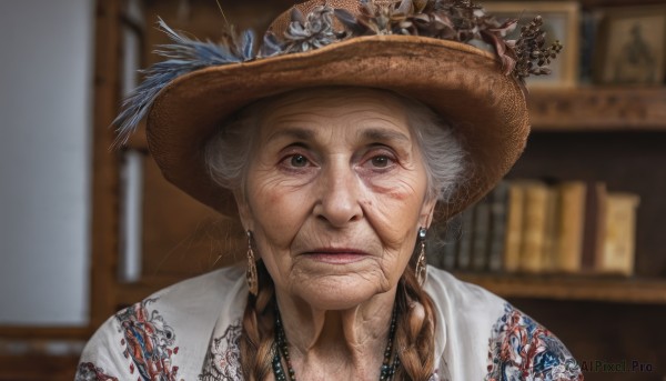 1girl,solo,long hair,looking at viewer,shirt,hat,jewelry,closed mouth,green eyes,white shirt,upper body,braid,white hair,grey hair,earrings,indoors,necklace,blurry,twin braids,lips,depth of field,blurry background,portrait,realistic,brown headwear,hat flower,bookshelf,hat feather,old,old woman,grey eyes,book,hair over shoulder,beads,pearl necklace,wrinkled skin