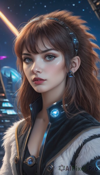 1girl,solo,long hair,breasts,looking at viewer,bangs,blue eyes,brown hair,jewelry,jacket,upper body,hairband,earrings,parted lips,sky,blurry,lips,coat,grey eyes,fur trim,eyelashes,makeup,night,blurry background,lipstick,star (sky),freckles,science fiction,realistic,nose,red lips,cleavage,brown eyes,portrait