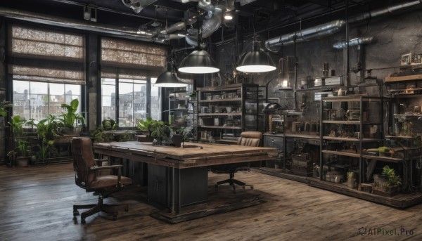 indoors,cup,book,no humans,window,chair,table,plant,building,scenery,desk,wooden floor,city,potted plant,lamp,cityscape,computer,stool,shelf,light bulb,ceiling light,bottle,rain,clock,tiles,tile floor,ceiling,cabinet,blinds