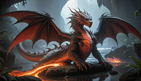 HQ,open mouth,tail,yellow eyes,outdoors,wings,horns,teeth,day,water,orange eyes,no humans,glowing,fire,sharp teeth,nature,scenery,claws,monster,rock,mountain,fantasy,dragon,dragon tail,scales,river,waterfall,dragon wings,breathing fire,solo,red eyes,glowing eyes,spikes