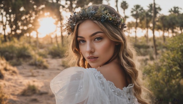 1girl,solo,long hair,looking at viewer,blue eyes,blonde hair,brown hair,hair ornament,dress,upper body,flower,outdoors,parted lips,puffy sleeves,looking back,white dress,blurry,tree,lips,see-through,depth of field,blurry background,wavy hair,portrait,freckles,realistic,nose,head wreath,bokeh,bare shoulders,wreath