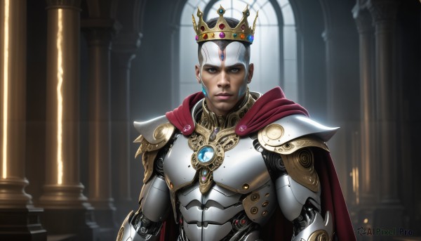 HQ,solo,looking at viewer,blue eyes,1boy,jewelry,upper body,white hair,male focus,earrings,indoors,dark skin,cape,armor,lips,crown,shoulder armor,gem,realistic,red cape,facial mark,dark-skinned male,robe,serious,joints,pillar,robot joints,gold armor