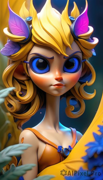 1girl,solo,long hair,breasts,looking at viewer,blush,bangs,blue eyes,blonde hair,hair ornament,dress,bare shoulders,closed mouth,collarbone,upper body,flower,small breasts,sleeveless,blurry,flat chest,lips,eyelashes,leaf,bug,freckles,curly hair,flipped hair,no pupils,orange dress,short hair,wings,feathers