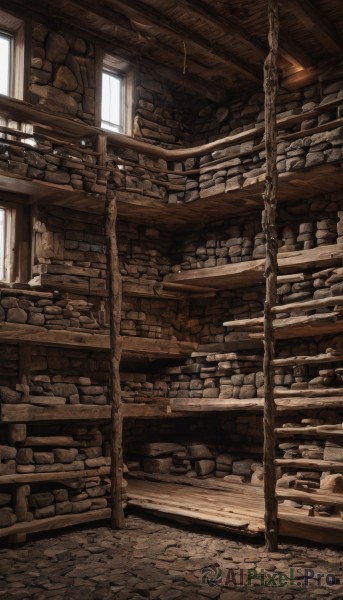 monochrome,day,indoors,no humans,window,sunlight,scenery,stairs,wall,brick wall,sepia,brown theme,barrel,stone wall,bread,shop,stone floor