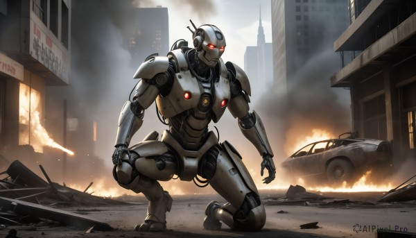 HQ,solo,red eyes,1boy,outdoors,no humans,glowing,fire,robot,ground vehicle,building,mecha,glowing eyes,motor vehicle,smoke,science fiction,city,realistic,military vehicle,car,one knee,explosion,ruins,damaged,burning,radio antenna,weapon,sky,cloud,armor,military,window,squatting,android,road,cityscape,street,cyberpunk,dust,humanoid robot