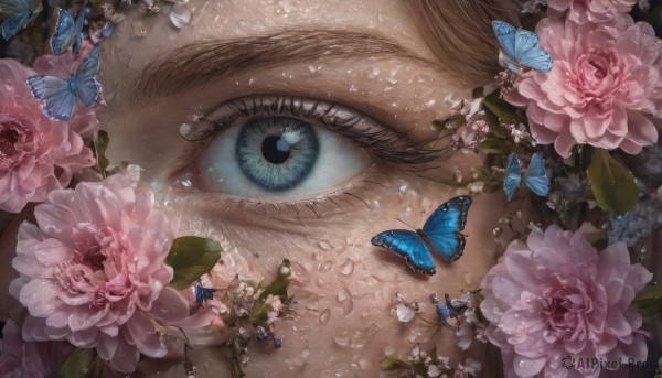 solo, looking at viewer, blue eyes, 1boy, flower, male focus, petals, eyelashes, bird, animal, leaf, bug, butterfly, close-up, pink flower, blue butterfly, eye focus