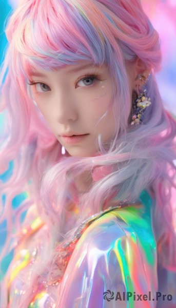 1girl,solo,long hair,looking at viewer,smile,bangs,jewelry,closed mouth,upper body,pink hair,multicolored hair,earrings,necklace,blurry,black eyes,from side,lips,grey eyes,eyelashes,makeup,blurry background,piercing,ear piercing,nose,blue background,gem,portrait,realistic