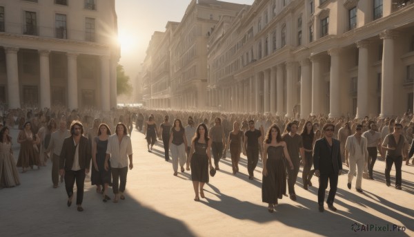 long hair,short hair,multiple girls,brown hair,shirt,black hair,dress,bare shoulders,jacket,outdoors,multiple boys,sleeveless,day,pants,white dress,black dress,tree,sleeveless dress,shadow,holding hands,6+girls,formal,sunlight,suit,building,scenery,walking,6+boys,city,road,street,crowd,church,skirt,hat,ponytail,japanese clothes,sky,glasses,high heels,faceless,faceless female