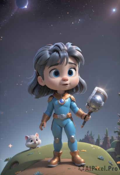 1girl,solo,smile,short hair,open mouth,bangs,blue eyes,black hair,gloves,holding,standing,full body,weapon,flower,boots,outdoors,parted lips,sky,belt,artist name,fingerless gloves,medium hair,chibi,armor,bodysuit,night,animal,brown footwear,cat,grass,star (sky),night sky,brown gloves,starry sky,brown belt,space,hammer,blue bodysuit,yordle,blue hair,sparkle,moon,spacesuit