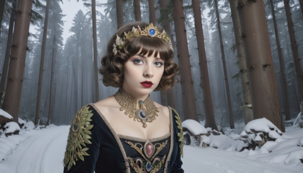 1girl,solo,breasts,looking at viewer,short hair,bangs,brown hair,black hair,dress,cleavage,brown eyes,jewelry,collarbone,upper body,outdoors,choker,day,necklace,black dress,tree,lips,grey eyes,makeup,tiara,crown,lipstick,gem,nature,snow,forest,gold trim,red lips,winter,parted lips,brooch,scenery,curly hair,realistic