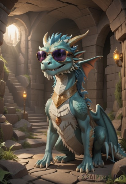 solo,open mouth,standing,purple eyes,tail,full body,outdoors,wings,horns,glasses,teeth,indoors,no humans,watermark,sunglasses,plant,sharp teeth,claws,dragon horns,lantern,stairs,fantasy,dragon,lamp,scales,tinted eyewear,jewelry,blue hair,necklace,fangs,fire,arch,stone floor