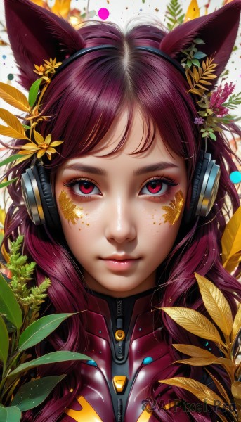 1girl,solo,long hair,looking at viewer,bangs,hair ornament,red eyes,animal ears,closed mouth,upper body,purple hair,flower,artist name,hair flower,pink eyes,lips,fox ears,eyelashes,bodysuit,makeup,headphones,leaf,facial mark,plant,portrait,zipper,freckles,realistic,nose,whisker markings,brown hair,facepaint