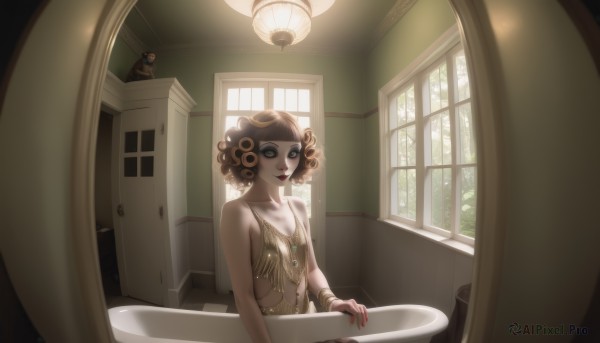 1girl,solo,breasts,looking at viewer,short hair,brown hair,dress,cleavage,bare shoulders,jewelry,sitting,green eyes,collarbone,upper body,small breasts,indoors,necklace,nail polish,bracelet,lips,fingernails,window,makeup,sunlight,lipstick,red nails,curly hair,red lips,bath,bathtub,smile