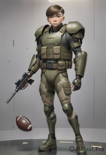 solo,looking at viewer,short hair,brown hair,gloves,1boy,holding,brown eyes,standing,full body,weapon,male focus,boots,fingerless gloves,holding weapon,armor,uniform,gun,military,military uniform,helmet,holding gun,rifle,headwear removed,pouch,realistic,assault rifle,knee pads,shoulder pads,camouflage,elbow pads,helmet removed,soldier,bullpup,load bearing vest,bulletproof vest,body armor,vest,trigger discipline,shell casing