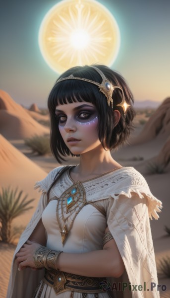 1girl,solo,breasts,looking at viewer,short hair,bangs,black hair,hair ornament,dress,brown eyes,jewelry,upper body,hairband,small breasts,outdoors,parted lips,artist name,dark skin,blunt bangs,necklace,cape,white dress,blurry,black eyes,bracelet,dark-skinned female,lips,makeup,blurry background,watermark,facial mark,bob cut,gem,eyeshadow,mountain,realistic,nose,sun,bracer,facepaint,white cape,facial tattoo,gold,egyptian,desert,food,sky,fruit,moon,armlet,pendant,backlighting