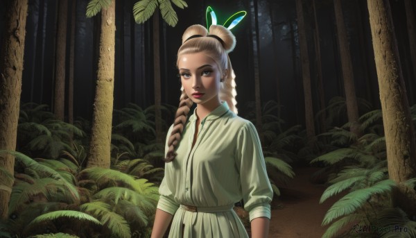 1girl,solo,long hair,looking at viewer,blonde hair,brown hair,hair ornament,long sleeves,dress,brown eyes,closed mouth,upper body,braid,outdoors,belt,dark skin,hair bun,dark-skinned female,tree,lips,single braid,makeup,leaf,plant,lipstick,nature,hair over shoulder,sleeves rolled up,forest,arms at sides,red lips,feather hair ornament,sleeves past elbows,multiple braids,breasts,blue eyes,skirt,shirt,standing,white shirt,collared shirt,night,forehead,nose,green shirt,bush,dreadlocks