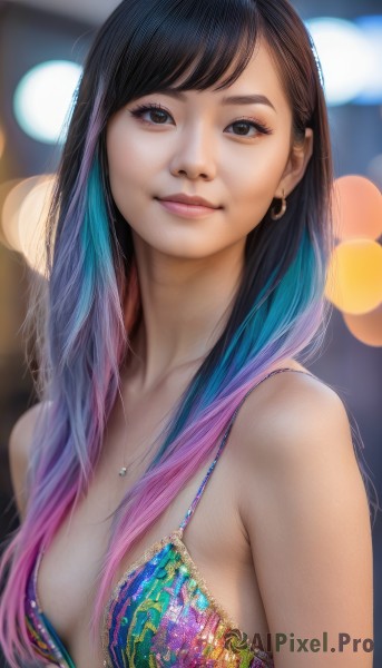 1girl,solo,long hair,breasts,looking at viewer,smile,bangs,black hair,bare shoulders,brown eyes,jewelry,medium breasts,closed mouth,blue hair,swimsuit,upper body,pink hair,bikini,multicolored hair,earrings,small breasts,necklace,blurry,black eyes,two-tone hair,lips,eyelashes,gradient hair,depth of field,blurry background,swept bangs,watermark,web address,multicolored clothes,realistic,nose,bokeh,multicolored bikini,brown hair,cleavage,collarbone,purple hair,artist name,makeup,bikini top only,hoop earrings,pink lips,print bikini