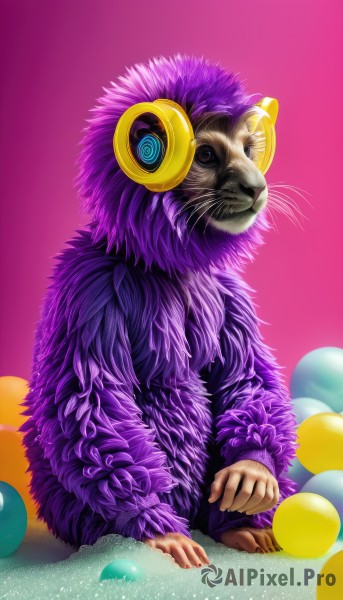 solo,looking at viewer,simple background,brown eyes,sitting,full body,nail polish,no humans,headphones,animal,pink background,realistic,animal focus,whiskers,signature,gradient,watermark,cat,web address,purple background