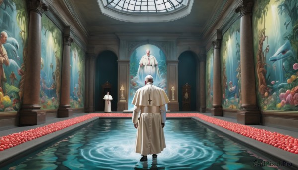 solo,short hair,brown hair,long sleeves,1boy,standing,male focus,multiple boys,indoors,hood,water,black footwear,capelet,mask,plant,scenery,carrying,wading,reflection,fish,walking,robe,light rays,arms at sides,wide shot,multiple others,ripples,pillar,statue,white robe,church,arch,column,gloves,hat,holding,weapon,white hair,boots,food,from behind,window,fruit,apple,tiles,pool,facing away,tile floor,white capelet,grapes,banana,reflective floor