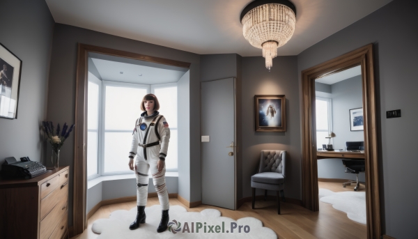 1girl,solo,brown hair,1boy,male focus,indoors,window,chair,helmet,desk,science fiction,wooden floor,realistic,door,lamp,pilot suit,spacesuit,astronaut,short hair,black hair,gloves,standing,black eyes,phone,table,bob cut,scenery,space,television,planet,painting (object),spacecraft,carpet,space helmet