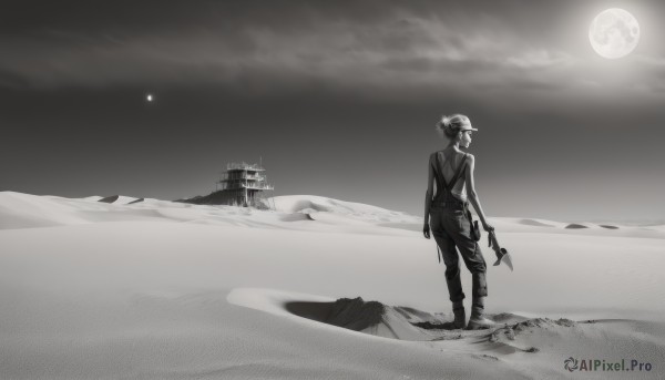 1girl,solo,short hair,1boy,holding,standing,monochrome,weapon,greyscale,male focus,boots,outdoors,sky,pants,cloud,from behind,night,moon,full moon,axe,desert,gloves,hat,holding weapon,gun,beach,holding gun,night sky,scenery,1other,walking,sand,overalls,ambiguous gender