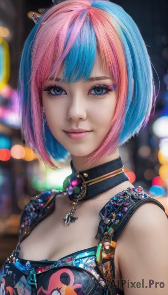 1girl,solo,breasts,looking at viewer,smile,short hair,bangs,blue eyes,cleavage,bare shoulders,jewelry,medium breasts,closed mouth,blue hair,upper body,pink hair,multicolored hair,earrings,sleeveless,choker,necklace,blurry,two-tone hair,lips,grey eyes,eyelashes,makeup,depth of field,blurry background,bob cut,lipstick,gem,eyeshadow,pink lips,realistic,nose,eyeliner,split-color hair,bokeh,mascara,shirt,collarbone,artist name,signature,collar,from side,streaked hair,detached collar,night,swept bangs,watermark,light smile,brooch,portrait,web address,lens flare,strap,badge,button badge