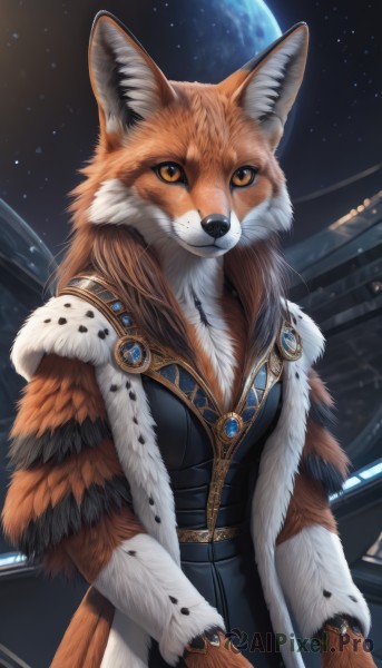 1girl,solo,long hair,breasts,looking at viewer,dress,animal ears,brown eyes,jewelry,medium breasts,closed mouth,standing,tail,sky,belt,necklace,orange eyes,fur trim,no humans,animal,moon,gem,star (sky),furry,starry sky,furry female,space,body fur,white fur,planet,fur,animal nose,fox,snout,earth (planet),brown fur,fluffy,orange fur,night,night sky,full moon