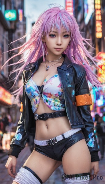 1girl,solo,long hair,breasts,looking at viewer,blue eyes,thighhighs,navel,cleavage,jewelry,medium breasts,standing,jacket,pink hair,cowboy shot,earrings,shorts,midriff,belt,necklace,nail polish,blurry,open jacket,lips,black jacket,short shorts,blurry background,bandages,black shorts,piercing,ear piercing,contrapposto,realistic,leather,bandaged leg,navel piercing,bangs,long sleeves,purple eyes,collarbone,multicolored hair,outdoors,parted lips,open clothes,signature,stomach,mole,white thighhighs,crop top,makeup,floating hair,depth of field,black nails,buckle,city,leather jacket