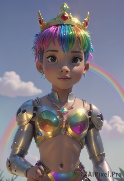 1girl,solo,breasts,looking at viewer,smile,short hair,navel,brown eyes,jewelry,closed mouth,blue hair,swimsuit,upper body,pink hair,bikini,multicolored hair,earrings,small breasts,outdoors,green hair,sky,day,midriff,cloud,dark skin,necklace,armor,mole,two-tone hair,dark-skinned female,blue sky,lips,hand on hip,makeup,grass,crown,shoulder armor,gem,freckles,very short hair,bikini armor,rainbow,cyborg,rainbow hair,bangs,shiny,artist name,stomach,blurry,eyelashes,sparkle,sunlight,cloudy sky,plant,gauntlets,backlighting,pink lips