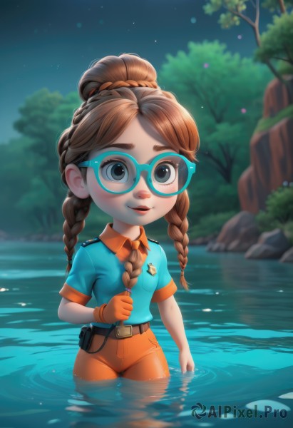 1girl,solo,long hair,breasts,looking at viewer,smile,bangs,brown hair,shirt,gloves,twintails,brown eyes,closed mouth,standing,braid,short sleeves,small breasts,outdoors,sky,glasses,shorts,collared shirt,belt,pants,artist name,water,hair bun,blurry,twin braids,flat chest,tree,grey eyes,night,blurry background,watermark,aged down,blue shirt,child,star (sky),nature,night sky,wading,partially submerged,single glove,freckles,pouch,female child,river,blue-framed eyewear,orange gloves,pond,blush,blue eyes,parted lips,lips,parted bangs,thick eyebrows,starry sky,round eyewear,waterfall