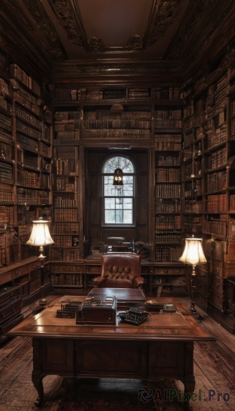 day,indoors,book,no humans,window,chair,table,sunlight,scenery,desk,wooden floor,bookshelf,lamp,candle,book stack,library,ladder,candlestand,globe