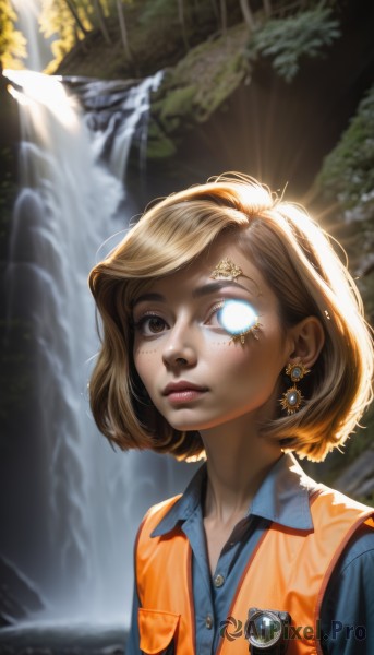 1girl,solo,looking at viewer,short hair,bangs,blonde hair,brown hair,shirt,brown eyes,jewelry,closed mouth,upper body,earrings,outdoors,collared shirt,artist name,water,blurry,vest,lips,eyelashes,makeup,buttons,glowing,bob cut,thick eyebrows,blue shirt,wing collar,lipstick,freckles,pocket,realistic,nose,blue vest,badge,monocle,waterfall,blue eyes,watermark,sunlight,glowing eyes