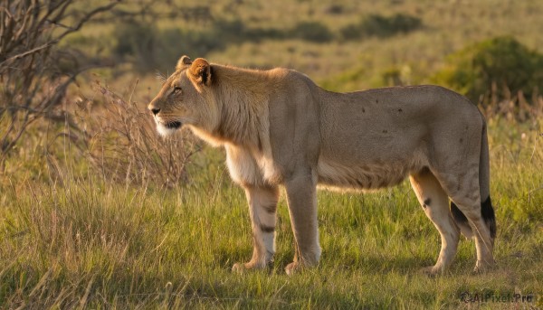 solo,outdoors,day,signature,blurry,from side,tree,no humans,depth of field,blurry background,animal,grass,nature,realistic,animal focus,tiger,standing,full body,field