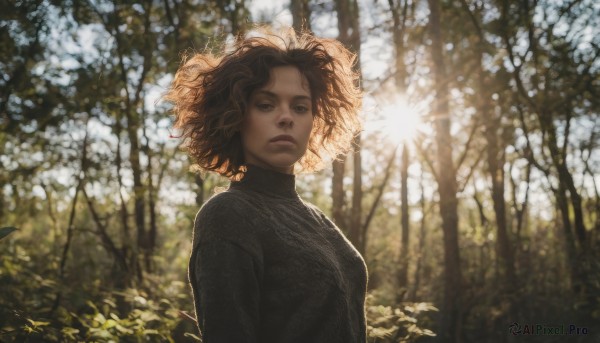 1girl,solo,breasts,looking at viewer,short hair,brown hair,brown eyes,closed mouth,upper body,outdoors,day,dark skin,blurry,sweater,dark-skinned female,tree,lips,turtleneck,sunlight,plant,messy hair,nature,forest,backlighting,curly hair,turtleneck sweater,realistic,nose,black sweater,black hair,parted lips,signature,depth of field,blurry background,leaf,wavy hair,expressionless,wind