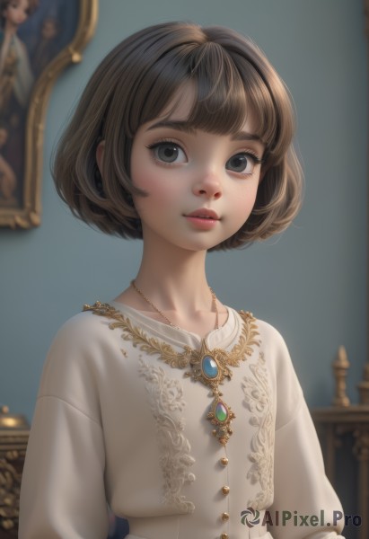 1girl,solo,looking at viewer,short hair,bangs,brown hair,shirt,long sleeves,dress,brown eyes,jewelry,collarbone,white shirt,upper body,parted lips,indoors,blunt bangs,necklace,blurry,black eyes,lips,eyelashes,depth of field,blurry background,bob cut,brooch,gem,pendant,freckles,realistic,nose,picture frame,painting (object),earrings,artist name,white dress,makeup,mirror,red lips,green gemstone,portrait (object)