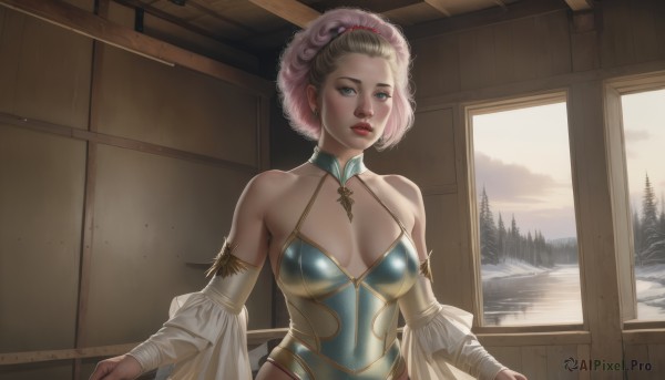 1girl,solo,breasts,looking at viewer,short hair,blue eyes,blonde hair,cleavage,bare shoulders,jewelry,medium breasts,green eyes,upper body,pink hair,multicolored hair,earrings,parted lips,detached sleeves,indoors,leotard,tree,lips,window,makeup,breasts apart,snow,realistic,red lips,blue leotard,hair pulled back,hair ornament,collarbone,hairband,covered navel,detached collar,bandages,backlighting,bandaged arm