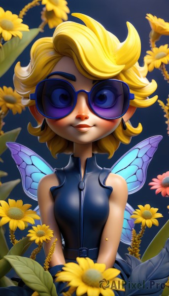 1girl,solo,breasts,looking at viewer,blush,smile,short hair,blue eyes,blonde hair,gloves,bare shoulders,jewelry,upper body,flower,earrings,small breasts,wings,sleeveless,pointy ears,artist name,lips,sleeveless shirt,makeup,leaf,blue background,sunglasses,zipper,yellow flower,sunflower,fairy wings,fairy,zipper pull tab,tinted eyewear,butterfly wings,glasses,belt,freckles,nose,blue wings